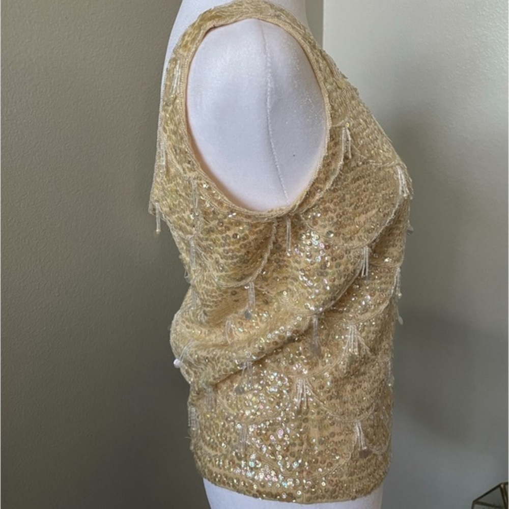 Vintage Sequin Fringe Top Large Cream Sparkle Flapper Costume Lined - Picture 3 of 5